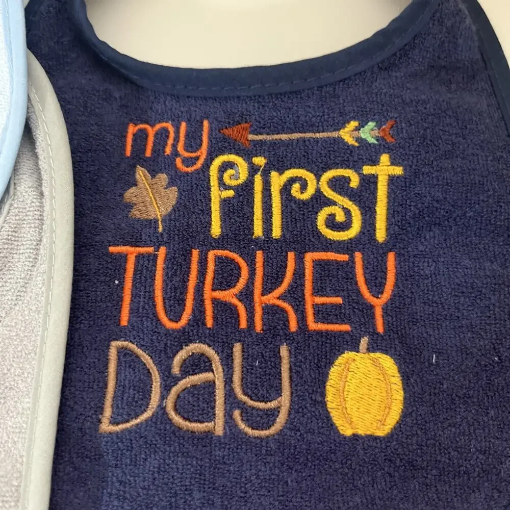Set Of 5 Custom Embroidered Baby Bibs Firsts Christmas Turkey Day Cute Spooky